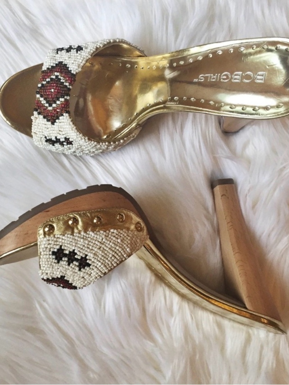 BCBGirls White Beaded Slide Heels with Gold Footbed